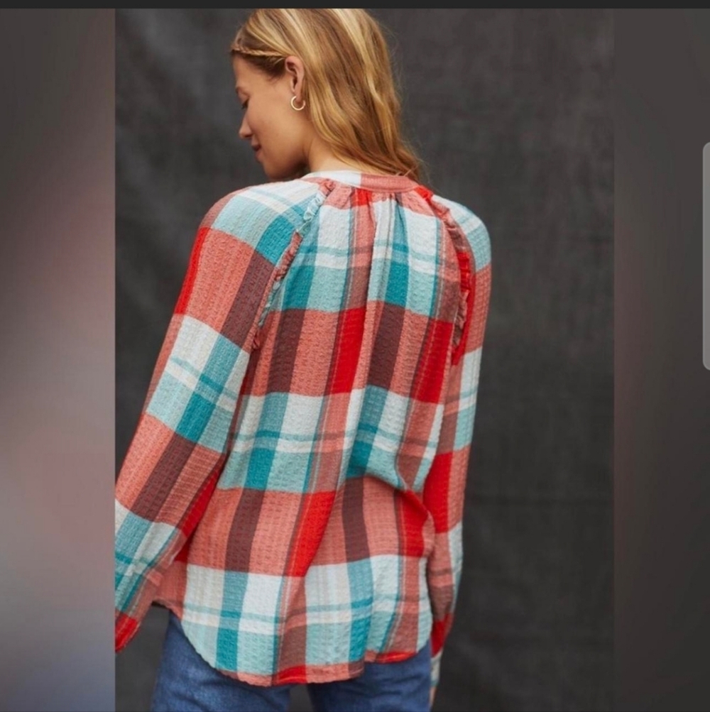 Pilcro Breezy Plaid Button Down Gauzy Rustic Long Sleeve Top M - Picture 3 of 11